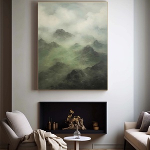 Peinture de paysage de montagne brumeuse, art sur toile vert et gris serein, peinture murale artisanale, art mural sur toile - Product Image 1