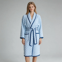 Peignoir Jacquard Teint en Fil Personnalisé pour la Maison, Peignoir en Coton Bouclette 100% de Haute Qualité, Motif Vague, Vêtement de Nuit pour Femme