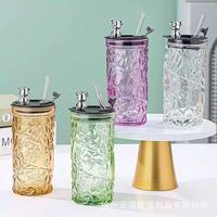 Kecolove Gobelet en verre réutilisable 350 ml, esthétique, sans BPA, anti-fuite, avec couvercle motif diamant et paille, pour boissons glacées à domicile