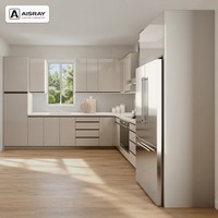Armoires de cuisine RTA en acrylique au design contemporain, aménagement en forme de L, assemblage en kit et boîtes d'armoires en contreplaqué