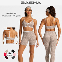 Ensemble de yoga 4 pièces sans couture pour femme, imprimé léopard, soutien-gorge de sport, crop top, short et leggings taille haute, séchage rapide, vêtements de sport