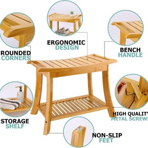Tabouret de douche en bambou avec étagère de rangement à 2 niveaux, meuble de salle de bain antidérapant pour adultes et personnes âgées - Product Image 2