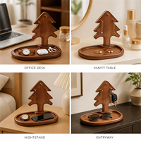 Porte-bijoux en bois en forme de sapin de Noël, plateau organisateur de bureau avec 3 crochets en laiton pour colliers, boucles d'oreilles, bagues, clés