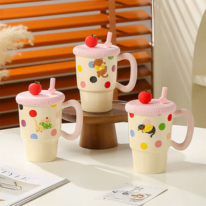 Kawaii Cat Coffee <b>Mug</b> Polka Dot <b>Ceramic</b> <b>Mug</b> with Lid and Straw - Product Image 4