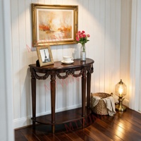 Table console étroite vintage en noyer sculpté à motifs floraux, 2 niveaux, demi-lune, 31,5 pouces, pour entrée, salon, ou derrière le canapé
