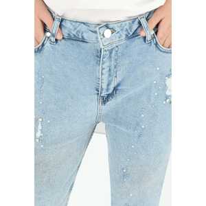 Jeans de Mezclilla Azul Claro Desgastados de Cintura Alta para Mujer, Ajuste Ceñido, Estilo Vintage, con Detalles Rotos - Product Image 1