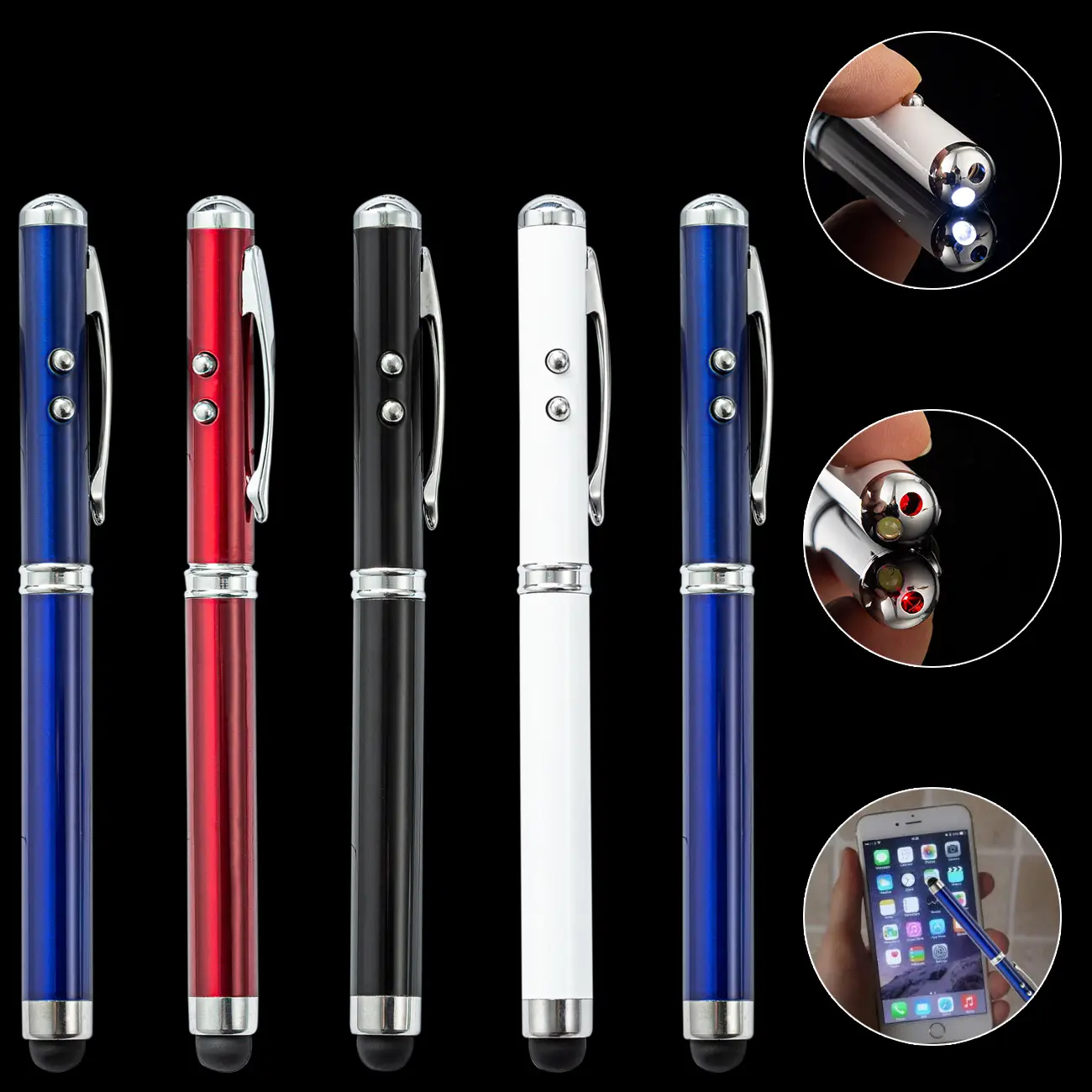 4 In 1 Screen Touch Stylus LED Light Solid Metal Pen Powerful Laser Pointer Pen Torch For Mobile Phone