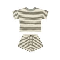 Nouvel ensemble de vêtements d'été pour bébé garçon : T-shirt gaufré à manches courtes en coton et pantalon rayé pour nourrisson