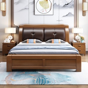 Solid Wood Master Bedroom <b>Bed</b> 1.5M 1.8M Modern Minimalist Storage Upholstered <b>Soft</b> Headboard New Chinese Style - Product Image 2