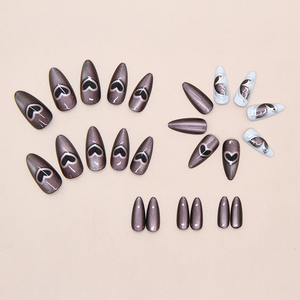 Faux ongles à presser en amande, <span class=keywords><strong>violet</strong></span> <span class=keywords><strong>foncé</strong></span>, effet œil de chat, cœur creux, papillon, strass, réutilisables, pour manucure DIY - Product Image 2