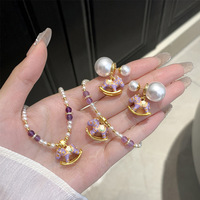 Ensemble de bijoux vintage en perles d'eau douce naturelles (collier/boucles d'oreilles/bague) 4 pièces, mode polyvalente, strass en forme de cœur OT
