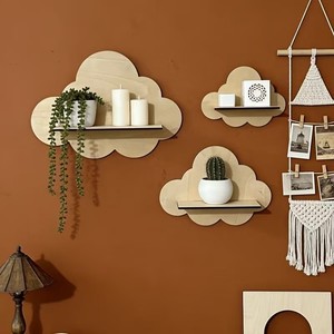 Wooden Cloud Wall <b>Shelf</b> With <b>Hooks</b> For Keys Storage And Decoration Living Room Multipurpose Wall Mounted Type - Product Image 2