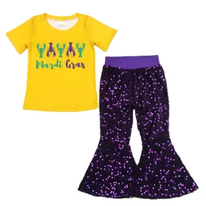 Pre-order Children Clothes for Girls 2 pcs Set Lobster Print Yellow Short sleeves Clothing for Kids Purple Sequin Flare Pants