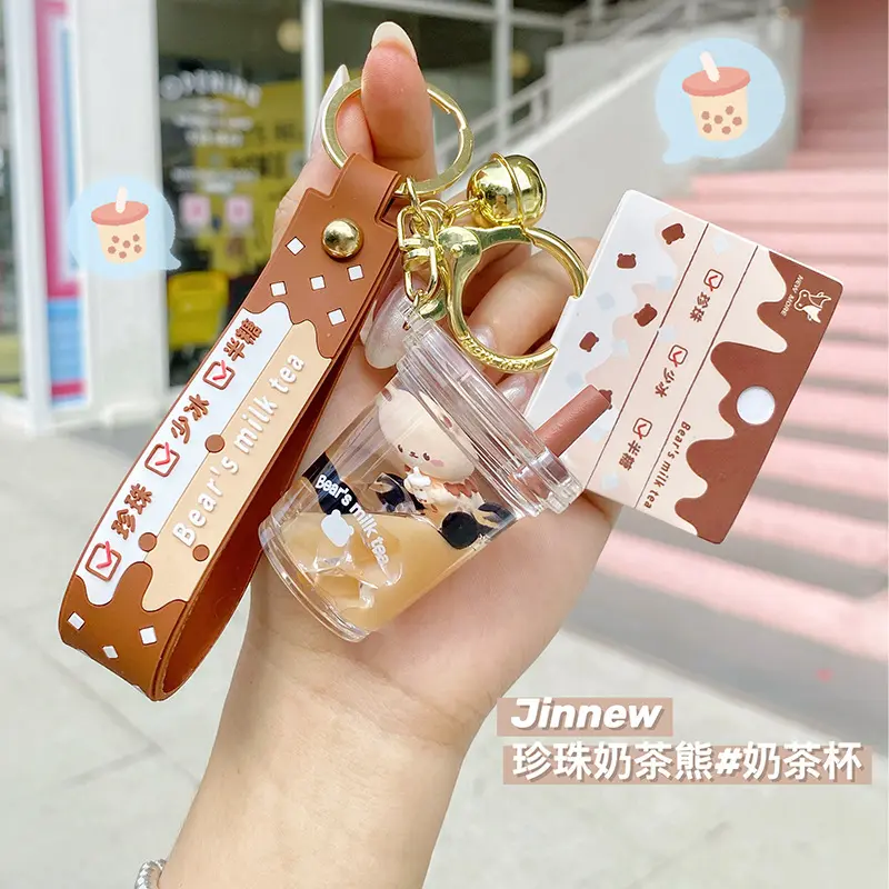 2022 New Arrival Cute Oil Floating Bubble Milk Tea Bear Key Chain Boba Quicksand Milk Tea Cup Liquid Keychain