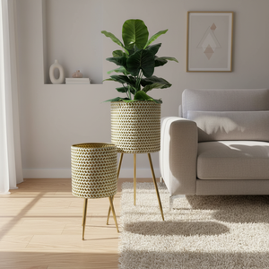 Jardinières en métal pour plantes d'intérieur, lot de 2 pots décoratifs pour salon, jardinières dorées avec supports - Product Image 1