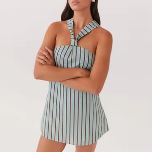 Robe Courte en Lin Rayée Chic et Élégante pour Femme, Col Halter Sans Manches, Décontractée et Modeste, Personnalisable (OEM) - Product Image 2