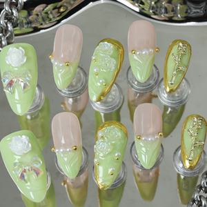 Uñas Postizas de Lujo Hechas a Mano al por Mayor, Estilo Y2K con Pedrería, Forma Almendrada, Cobertura Completa 3D, Puntas Francesas, Uñas Acrílicas Reutilizables - Product Image 5