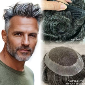 H329 Parrucchino da Uomo in Capelli Umani Remy con Base in PU Invisibile e Top in Pizzo, 8x10 7x9 6x8 Pollici, Sistema Capelli Invisibile, Capelli Grigi - Product Image 1