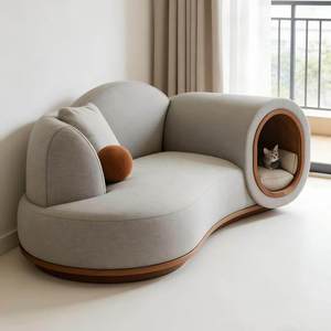 Canapé Moderne Courbé Rembourré Écologique avec Remplissage en Éponge et Niche Intégrée pour Chat, Canapé Partagé Convivial pour Animaux de Compagnie - Product Image 1