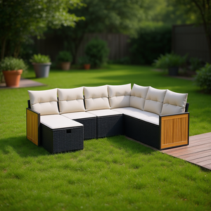 Conjunto de Sofás de Jardín Modernos para Exteriores, Ratán Sintético Negro, Estructura de Acero, Madera de Teca, 6 Plazas, Diseño Contemporáneo - Product Image 2