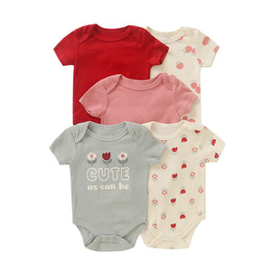 ชุดรอมเปอร์เด็กทารกผ้าฝ้ายนุ่ม 5 ชิ้น แพ็ค ลายพิมพ์หลากหลายแบบ แขนสั้น ชุดจั๊มสูทสำหรับเด็กอ่อน ชุดลำลองใส่บ้าน ชุดรอมเปอร์เด็ก - Product Image 6