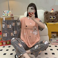 Ensemble de vêtements de maison pour femmes T6202 à manches courtes et pantalon long en trois pièces avec motif de dessin animé