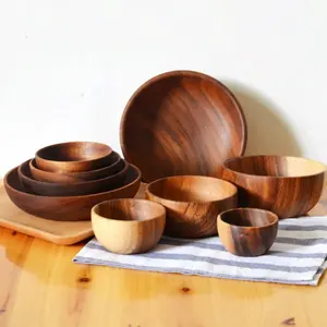 Thailand Acacia Wooden Bowls Flat Bottom Retro Large Salad Wood Bowl