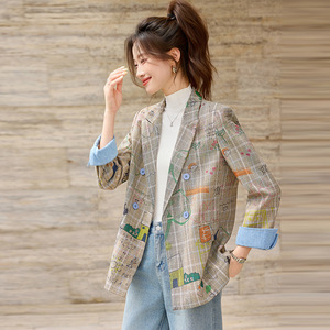 Women's Plaid Blazer Gray Graffiti Pattern Casual Work Wear Autumn Winter Style - Product Image 2