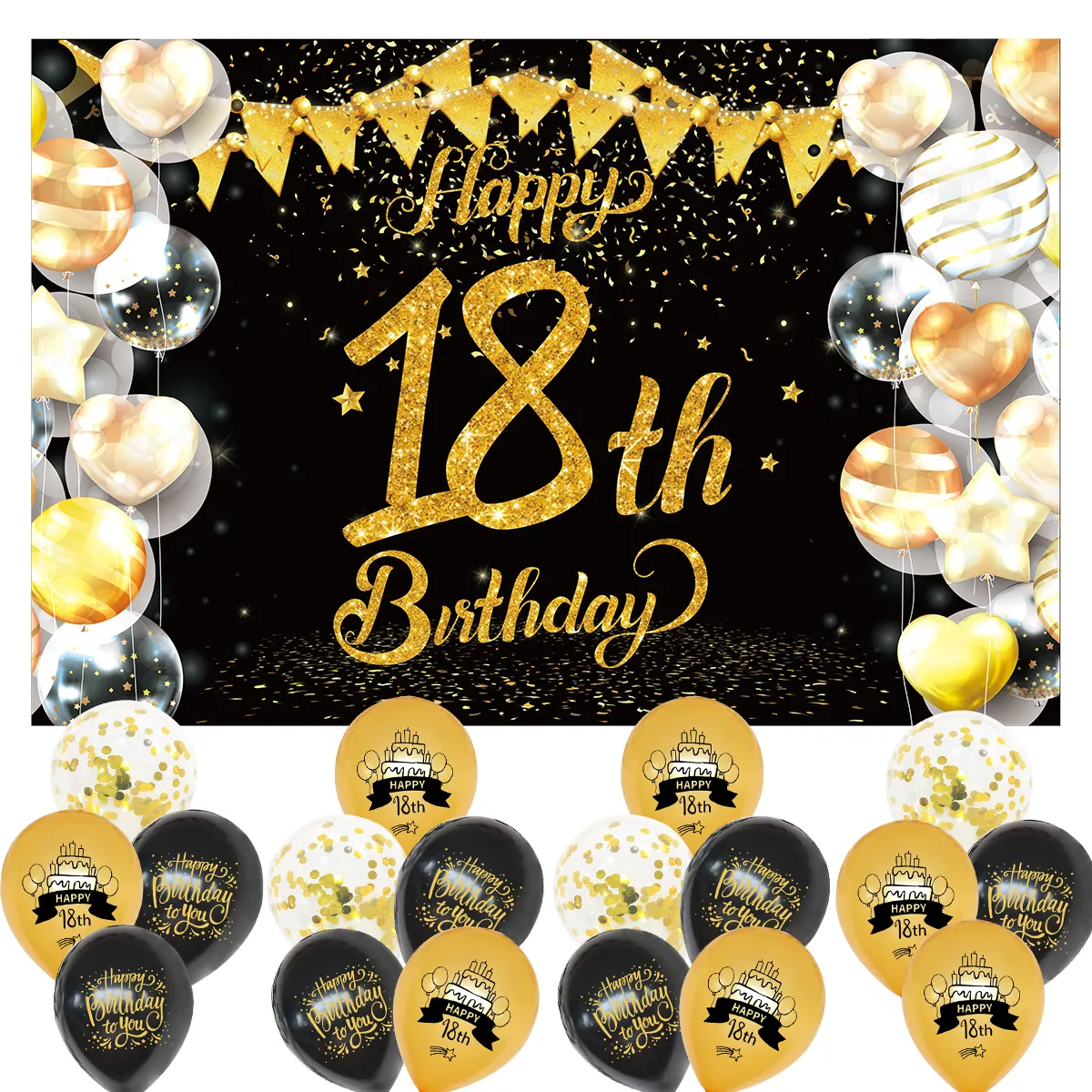 Umiss Paper Black Gold 18th Birthday party decorations including bunting banner Inviting card Table centerpieces