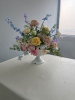 Décoration de table de mariage : Bouquet de fleurs artificielles vertes, jaunes et roses pour centre de table, avec bougies