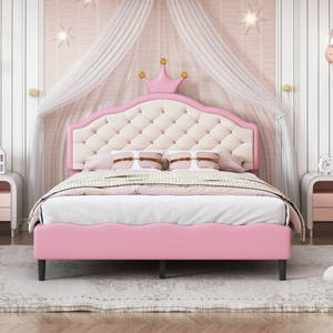 Cama Princesa Moderna de Tamaño Completo con Cabecera Acolchada de Cuero Sintético PU, Diseño de Corona Encantadora, Rosa+Crema - Product Image 1