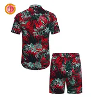 Conjunto de camisa havaiana de algodão, camisa masculina de flores personalizada, botão casual para baixo, camisa de manga curta