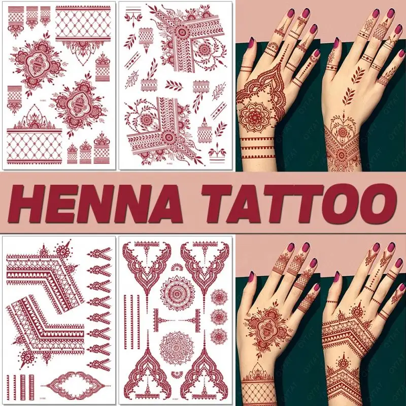 Falsche ganze Handfingern wasserdicht braun marron rot Henna Tattoo-Aufkleber temporär für Mädchen Frauen