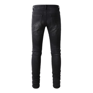 <span class=keywords><strong>Jeans</strong></span> da Uomo Neri in Denim con Patch Rossi, Stile Hip Hop Vintage, Stampa, Vestibilità Slim, Casual, Effetto Usurato e Strappato, Modello Stacked - Product Image 3