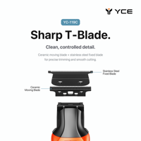 Tondeuse à cheveux sans fil YC-119C à lame en T, lames en céramique et acier inoxydable, écran LED, chargement USB-C, poignée en plastique, couvercle facile à nettoyer