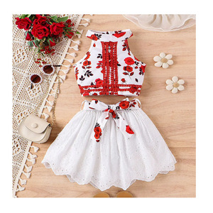 Conjuntos de Ropa de Verano para Niñas, Top Floral con Cuello Halter y Falda Corta Lisa, Manga Larga, Algodón, Mezclilla, Estilos Populares de Boutique - Product Image 1