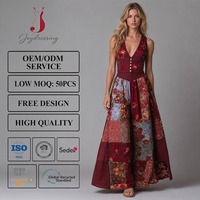 Robe longue patchwork bohème pour femme Joydressing, sexy, col en V, boutonnée, sans manches, motif floral ethnique, pour soirée, personnalisable