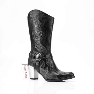 Chaussures pour femmes automne-hiver - Bottes à motif flamme vieilli avec fermeture éclair latérale, bottes de cow-boy occidentales rétro à talon carré tendance - Product Image 6
