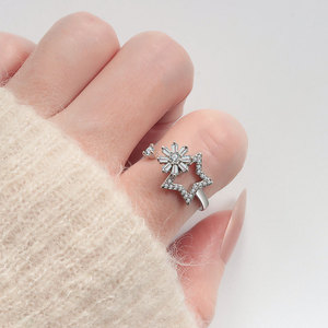 Anillos giratorios delicados con diseño floral para la ansiedad, con circonitas pavé, de cobre chapado en oro blanco, con estrella, ajustables, para mujer - Product Image 2