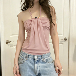 Y2K Girly <b>Pink</b> Beaded Breathable Knitted off Shoulder Halter Neck Sleeveless <b>Cami</b> <b>Top</b> for Women Summer - Product Image 4