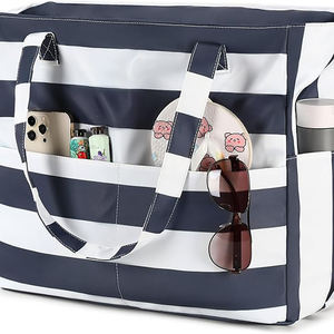 Sac à bandoulière en toile bleue personnalisé avec logo imprimé, échantillon gratuit, sac de plage en coton d'été pour femmes avec poignée en corde et poche - Product Image 5