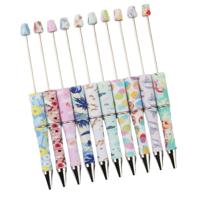 Silicone Focal Beads DIY Beaded Ballpoint Pens Leopard Print Floral Cow Candy Christmas Pattern Plastic Bead Ballpoint Pen