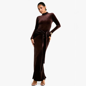 Robe de soirée pour femmes, manches longues, col haut, couleur unie, en velours, avec nœud, pour soirée et sorties nocturnes - Product Image 2