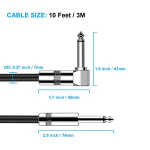 Câble en métal tressé à angle droit de 3m 6.35mm 1/4 Ts Jack Audio Electric Guitar Effect Instrument Bass Amp Patch Lead Cable - Product Image 3