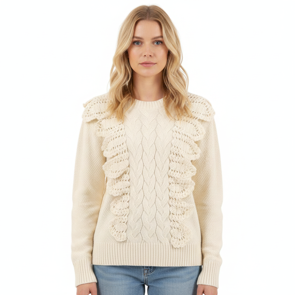Winter New Knitting Lace Women's Sweaterladies Cardigan Handmade Knitting Sweaters Long Sleeve Crew Neck Stripped Knit Sweater