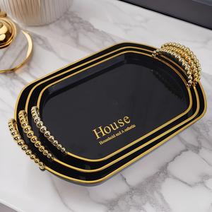 Lot de 3 plateaux à fruits rectangulaires en plastique pour hôtels Assiette à thé et café noire Plateau à bonbons en plastique Stockage des aliments Assiette de service avec poignée - Product Image 1