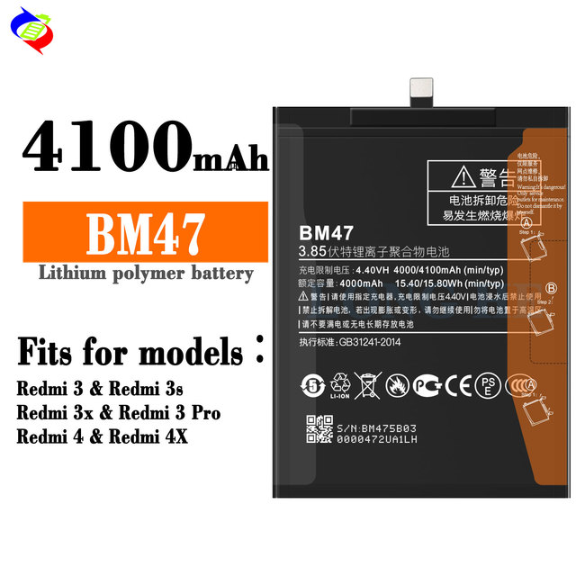 Original 4100mAh Capacity Replacement Phone Battery BM47 for Xiaomi Redmi 3 3S 3X 3Pro 4 4X
