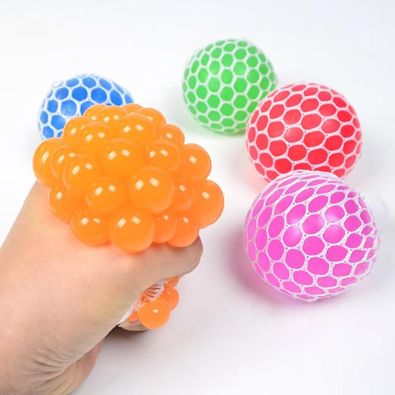 Kids Anti-Stress Fidget Toy Hand Bead Stress Ball Rubber Squeeze Mesh Glitter Grape Ball Sensory Squishy Squeeze Toys for Girls