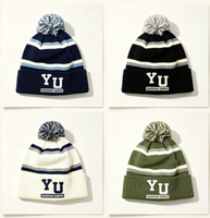 Casquette unisexe en tricot à pompon rayée style sport universitaire personnalisée, brodée, 100 % acrylique, à revers, pour l'automne et l'hiver, pour équipe