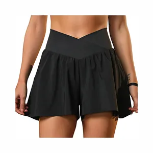 Custom Logo Double Layer Running Shorts Crossover High Waist Workout Athletic Shorts Women Tennis Golf Skirt Shorts With Pocket